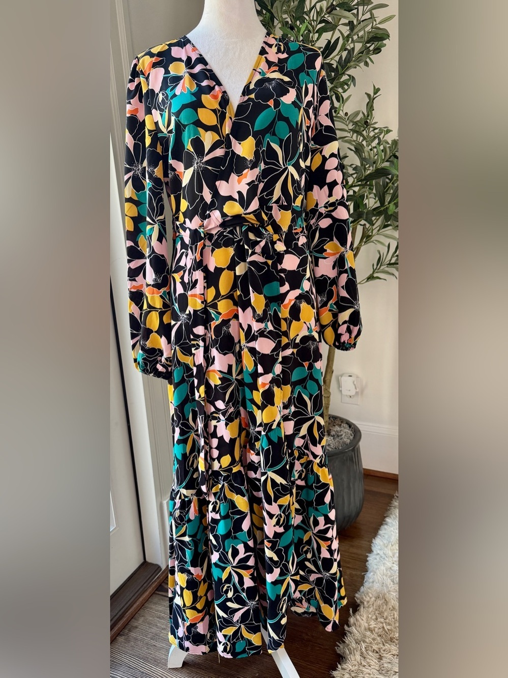 Bar III- Black Floral Wrap Maxi Dress with Pink, Yellow & Teal Accents-Size M